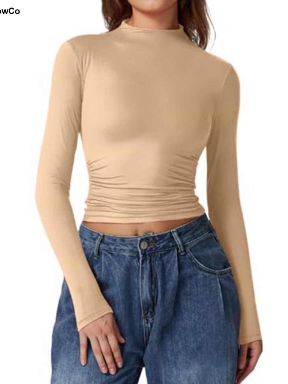 Mock Neck Long Sleeve Ruched Crop Top Double Lined Tee